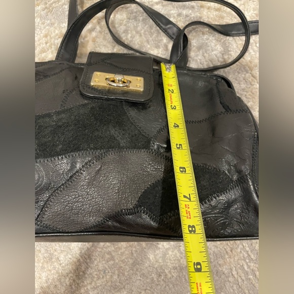 Vintage Black Patchwork Shoulder Handbag Purse Bag Gladstone Doctor Bag Opening - Picture 12 of 14